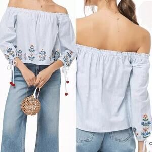Hazel Pinstripe Pure Cotton Flowy Oversized Off the Shoulder Embroidered Blouse